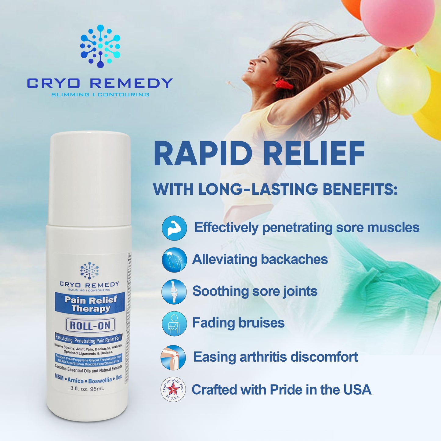Cryo Remedy Menthol Roll on Pain Relief for Arthritis, Backache, Muscle & Joint Pain - Fast-Acting Topical Analgesic with Soothing Menthol, Deep Relief for Aches and Discomfort, 3 oz Roll On