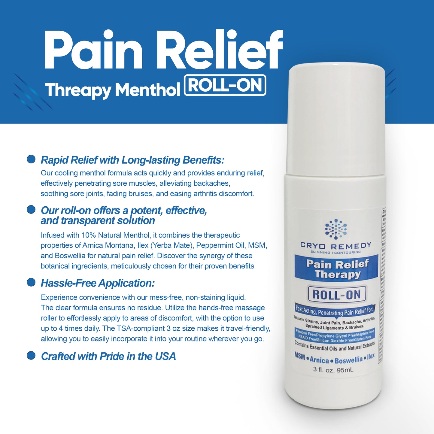 Cryo Remedy Menthol Roll on Pain Relief for Arthritis, Backache, Muscle & Joint Pain - Fast-Acting Topical Analgesic with Soothing Menthol, Deep Relief for Aches and Discomfort, 3 oz Roll On